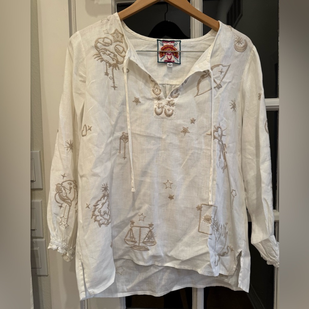 Johnny Was Linen Zodiac Top Blouse Size S White Beige